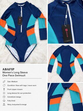 ABAFIP Women’s Long Sleeve Colorblock One Piece Swimsuit – Medium – NWT